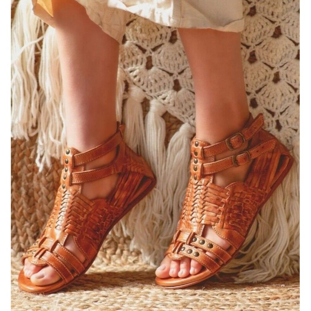 Bed Stu Woven Leather Gladiator Sandals in Cognac Brown